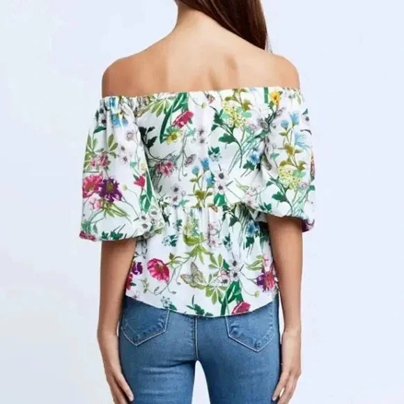L'agence Elena Off-The-Shoulder 100% Silk Blouse White Multi Botanical Floral XS - Picture 2 of 13
